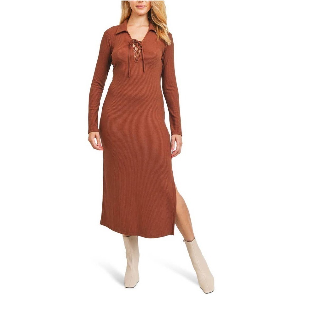 Lush Collared Ribbed Lace Up Neck Midi Body con Dress Brown Size XS